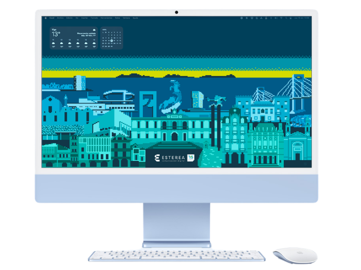 Previsualización del wallpaper del 15 aniversario de Esterea en un iMac